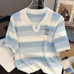 TEMU 여성용 여름 자수 폴로 칼라 티셔츠 - 캐주얼 반팔 상의, 보라색 & 흰색 수직 줄무늬, 가벼운 통기성 원단, 캐주얼 복장에 적합, 여성 블라우스, 셔츠, 여성용 상의, 스타일리시한 여성 의류