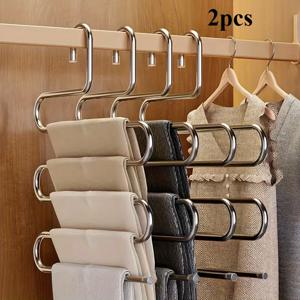 TEMU 2pcs 스테인리스 스틸 5층 바지 걸이, S자형 미끄럼 방지 다층 정리기, 청바지 및 바지, 정리된 옷장 정리, 옷 걸이