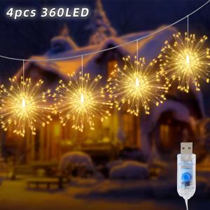 TEMU 4/2개 USB 실내 별빛 불꽃 조명, 360/180 LED 매달린 요정 스트링 라이트, 8가지 조명 모드, DIY 형태 디자인, 발코니, 현관, 거실, 정원, 파티, 결혼식, 크리스마스 장식용 따뜻한/컬러풀한 빛