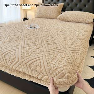 TEMU 3개 세트 3D 엠보싱 밀크 벨벳 피트드 시트와 베개커버, 밀크 벨벳 원단, 3D 엠보싱 공예, 50*75cm 베개커버는 40×70cm 베개 코어에 맞음, 통기성 및 보온 기능, 색상 변색 및 변형 없음, 기계 세탁 가능, 안티스태틱 처리, 다양한 색상 제공, 마스터 침실/게스트룸/홈/비&비 호텔용|베개커버