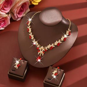 TEMU 패션 신부 웨딩 뱅킷 주얼리 세트, 목걸이 1개 + 귀걸이 1쌍, 합금 소재와 인조 유리, 프롬 파티 액세서리용