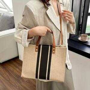 TEMU 스타일리시 여성용 캔버스 토트백 - 블랙 & 커피 브라운 디자인 골드톤 하드웨어, 탈착 가능한 숄더 스트랩, 출퇴근, 업무, 학교, 쇼핑, 해변 및 체육관 활동에 적합한 넉넉하고 가벼운 캐리어, 다용도 액세서리, 튼튼한 구조