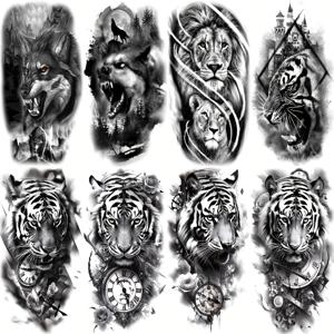 TEMU 8장의 임시 타투 - 현실적인 늑대, 사자, 호랑이, 부족 동물 바디 아트 - 1-2주 지속, 남성 및 여성용 블랙 & 그레이 타투 디자인 - 파티, 축제, 이벤트용 커버업 - 손쉬운 적용 풀바디 또는 팔 타투
