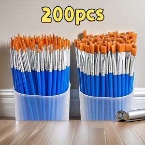 TEMU 200 프로페셔널 아크릴 워터 컬러 페인트 브러시 세트 - 플랫 헤드 및 라운드 헤드 브러시, 합성 나일론 브리스틀, 강화된 구리 튜브, 캔버스, 얼굴 페인팅, 예술 창조에 적합 | 대용량 페인팅 도구|아크릴물감