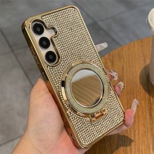 TEMU 럭셔리 반짝이 풀 스크린 라인스톤 블링 메이크업 미러 링 홀더 브래킷 폰 케이스 - 갤럭시 S25, S24, S23, S22 울트라, S25플러스용 세련된 플레팅 보호 백 커버|S22케이스