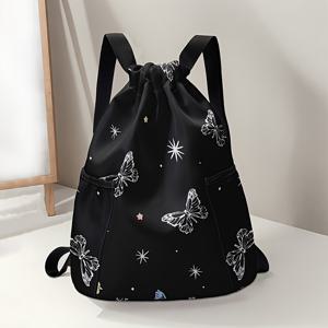 TEMU 대용량 드로스트링 백팩 - 조절 가능한 스트랩이 있는 헤비듀티 체육관, 여행, 하이킹 백팩, 블랙 & 화이트 나비 패턴 - 여성 및 남성용 내구성 폴리에스터 백팩, 학교, 캠핑, 해변용 넉넉한 데이팩 - 쉬운 세척 디자인, 장비, 이지클린 소재