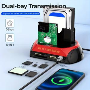 TEMU 10-in-1 듀얼 베이 하드 드라이브 USB 5Gbps HDD/SSD TF 카드 도킹 어댑터, 전원 공급 장치 미포함 (2.5인치/3.5인치 호환)