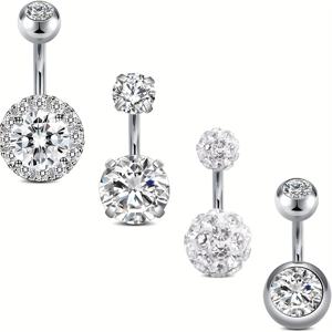 TEMU 4개 20G 여성용 귀여운 벨리 링 세트 - 스테인리스 스틸, 합성 지르코니아, 스포티 스타일, 사계절 일상 착용, 캐주얼 주얼리|재미있는 벨리 링|내구성 있는 반지