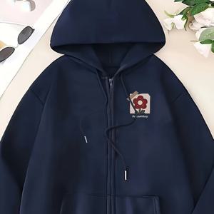 TEMU 여성용 Y2K 후드 지퍼업 스웨트셔츠 - 캐주얼 & 가벼운 사계절 풀오버, 꽃무늬 디자인, 세탁기 사용 가능, 다크 블루, 봄/여름/가을 필수품, 스프링 서머 탑 | Y2K 패션 후디 | 기계 세탁 가능한 원단