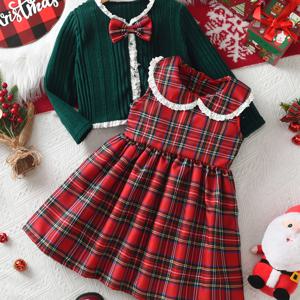 TEMU 소녀용 크리스마스 가을 겨울 세트 2개, 리브드 보우 레이스 트림 체크무늬 페터 칼라 드레스와 칼라, 통기성 좋고 따뜻한 편안한 소프트 라이트 베이지 원단, 야외 스포츠 휴가 파티용 트렌디한 다용도 의상, 선물, 야외 활동에 완벽|인견원피스|민소매원피스|가을원피스