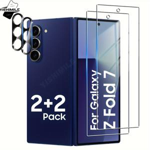 TEMU 4IN1 스크린 보호기, 2개 강화유리 전면 보호필름 + 카메라 렌즈 보호필름 2개 세트, 삼성 갤럭시 Z 폴드 4/Z 폴드 5/Z 폴드 6/Z 폴드 7 시리즈 호환, [거품 없음] [케이스 친화적] [HD 고화질]