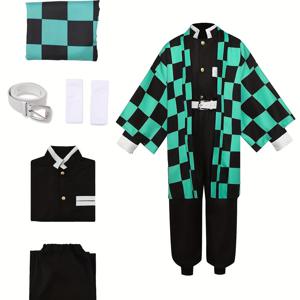 TEMU 남성용 애니메이션 기모노 의상 - 블랙 & 틸 체크 하이넥 긴팔 조절 가능한 벨트, 슬림핏 할로윈 코스프레 & 테마 파티용, 비스트레치 원단