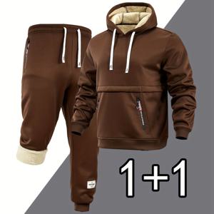 TEMU 2개 세트 남성용 안감 캐주얼 스포츠웨어 세트, 가을/겨울용 두꺼운 스웨트셔츠와 조거팬츠, 포켓 & 지퍼 클로저, 따뜻한 겨울 아웃도어 운동복 선물|스포츠|냉장고바지|남자바지