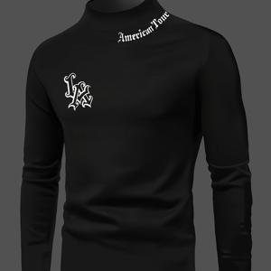 TEMU 소년용 슬림핏 긴팔셔츠 - 화이트 아메리칸 그래픽 프린트가 있는 블랙, 스탠드칼라 캐주얼 운동복상의 (청소년), 세탁기 사용 가능한 겨울철 보온성, 유스팬 애파렐(레귤러핏, 직선형 소매디자인, 기하학적 패턴, 신축성 있는 원단, 캐주얼룩에 적합, 일상외출에 이상적인 남아용 롱슬리브티, 가을/겨울시즌, 스탠드칼라, 스포티 스타일, 편안한 캐주얼웨어)