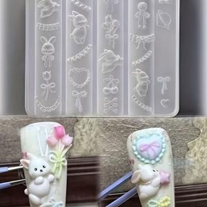 TEMU 기발한 곰과 토끼 리본매듭 네일아트 실리콘몰드 - 창의적인 착용형 클로 장식, 래빗 & 테디모양의 점토공예 도구
