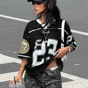 TEMU 여성 스포츠 V넥 3/4 티셔츠 | 루즈핏 반팔, 대비 색상, 봄/여름 스트리트 스타일, , 쇼핑, 개학, 휴가, 스피릿, 부활절, 뮤직 페스티벌, 졸업식, 가족 모임에 적합|크롭티