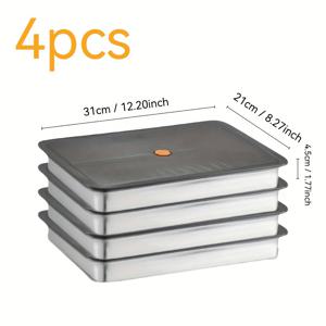 TEMU 뚜껑이 있는 4개 스테인리스 식품 보관용기 - 헤비듀티 쌓을 수 있는 사각형 수납함, 식기 세척기 및 냉동고 안전, 누출방지 410 스테인리스강 구조, 흰색 & 검정색 모던한 디자인 냉장고/냉동실/팬트리용 - 사각화된 코너로 공간절약적이며, 과일·육류·채소·만두·남은 음식에 이상적입니다. (식기 세척기 안전, 냉동고 안전)