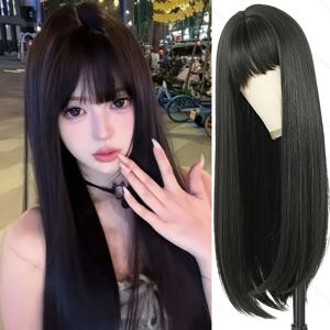 TEMU 여성용 긴 가발 앞머리 포함 - 내열 합성 머리카락, 안전한 착용을 위한 통기성 네트 캡 - 자연스러운 룩 일상, 파티, 할로윈, 공식 행사용 - 쉬운 관리 및 손상 없는 스타일링 - 모든 연한 베이지 톤에 어울리는 우아한 헤어스타일, 다용도 헤어피스, 슬림한 헤어스타일, 편안한 착용감, 패션 액세서리, 블랙 가발, 여성용 헤어 토퍼