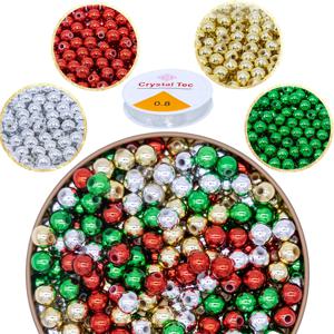 TEMU 600개 크리스마스 비즈, 8mm 메탈릭 라운드 포니 비즈 탄성 끈 레드 그린 실버 골든 플라스틱 공예 비즈, 주얼리 만들기 목걸이 팔찌 DIY 홈 장식용 (컬러풀)
