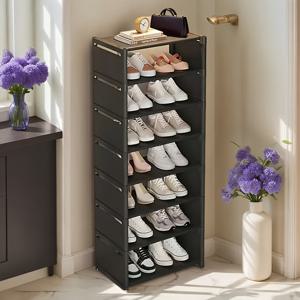 TEMU 공간 절약형 8단 넓은 검은색 신발장, 7칸 구획 - 쉬운 조립, 내구성 있는 금속 신발 캐비닛, 현관 및 거실용, 견고한 바닥 스탠딩 디자인, 완벽한 휴일 선물, 신발 보관 정리대, 슬림 신발 캐비닛