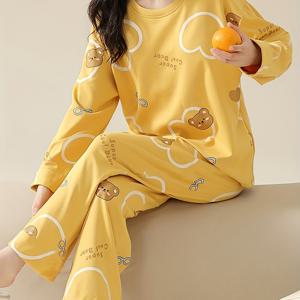 TEMU 여성용 노란색 카툰 베어헤드 프린트 파자마, 신상 봄/가을 컬렉션 긴팔 라운드넥 탑 + 이너팬츠 세트 (탄력 있는 편안한 핏)
