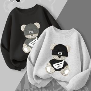 TEMU 2개 세트 남아용 오버사이즈 그래픽 스웨터 - 부드러운 라운드넥 긴팔 캐주얼 풀오버, 베이지 & 블랙 베어 프린트 스웨트셔츠 1-10세용, 봄/가을 레이어링 아웃핏 및 발렌타인데이 아웃핏 (손세탁 가능) - 남아 생일파티 아웃핏에 이상적, 기하학 패턴, 야외 활동에 편안하고 스타일리시, 어린 남아를 위한 매칭 아웃핏, 쉬운 관리 디자인