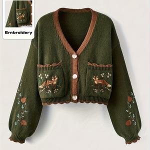 TEMU 여성용 우아한 겨울 가디건 스웨터 - 여우 & 숲 동물 프린트 칼라 재킷, 올리브 그린/브라운 버튼 프론트 , 가을 & 겨울용 손세탁 가능한 포근한 아우터웨어, 청바지나 드레스에 다용도
