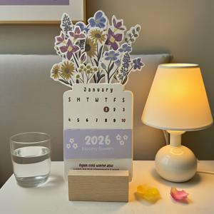 TEMU 2026 꽃 모양 달력 - 월별 꽃 카드 & 컬러풀 페이퍼 블룸 포함, 데일리 플래너 / 사무실 책상 장식용, 영어 달력 (2026년 1월~12월)