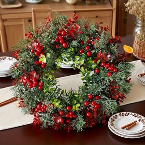 TEMU 42cm 리얼리스틱 인조 소나무 화환 (베리 & 리본 포함) - 풍성한 상록수 가지, 크리스마스 문 & 벽 장식, 홈, 벽난로, 웨딩, 파티용 - 플라스틱 화환, 관리 불필요