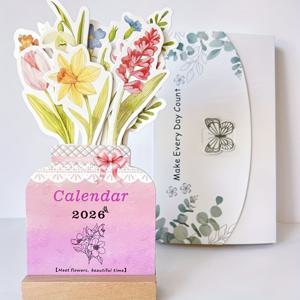 TEMU 1개 1개 2026 블루미 플라워 미니 스탠딩 데스크 캘린더 - 플로럴 월간 플래너, 월별 뷰와 월별 꽃, 사무실 & 가정용 컴팩트, 영어 텍스트 & 날짜 페이지 (1월-12월)