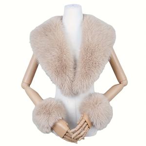 TEMU 여성용 인조 모피 칼라 & 커프스 - 두꺼운 따뜻한 숄, 뿔 칼라 & 매칭 커프스, 우아한 겨울 재킷 액세서리, 손세탁 가능