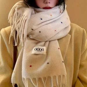 TEMU 여성용 레트로 베이지 & 화이트 스카프 - 탄력 있는 숄 랩, 방풍 겨울 액세서리, 부드러운 폴리에스터 랩어라운드 칼라 스카프, 캐주얼 & 이브닝 아웃핏용 (손세탁/드라이클리닝) - 크리미 화이트 도트, 다용도 베이지 숄