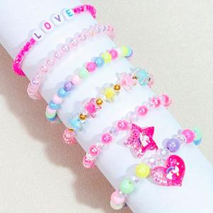 TEMU 6개 세트 여아용 별 & 하트 참 팔찌 - 파스텔 & 멀티컬러 비즈 보호 주얼리, 무독성 소재, 생일, 파티, 캐주얼 의상용 (핑크, 블루, 옐로우, 그린, 퍼플) - 금속 알레르기 없음, 청소년용