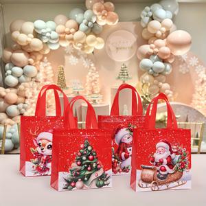 TEMU 눈사람, 사슴, 산타 디자인의 빨간색 크리스마스 선물 가방 - 튼튼한 빨간색 손잡이가 달린 헤비 듀티 부직포 토트백, 파티, 쇼핑, 축제 포장에 적합 - 겨울 축하 패턴 - 크리스마스에 이상적