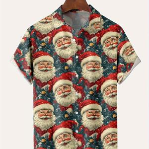 TEMU 남성용 크리스마스 산타 클로스 프린트 반팔 셔츠 - 산타 얼굴 & 모자가 있는 빈티지 파티 셔츠, 버튼업 칼라, 신축성 없는 원단, 기념 행사 & 캐주얼 복장용 세탁기 사용 가능, 크리스마스 셔츠, 시즌 패션, 클래식 디자인, 남성용 크리스마스 셔츠