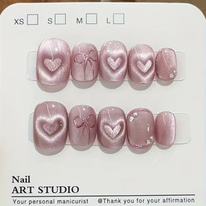 TEMU 10개 핑크 하트 고양이 눈 프레스 온 네일 - 리본 & 크리스탈이 있는 광택 인조 네일, 여성용 재사용 가능한 네일 아트, 발렌타인데이 네일 디자인, 네일 폴리쉬, 네일 아트 용품, 네일팁, 인조 손톱, 네일 팁, 수제네일팁 짧은, 수제, 네일팁 화려, 네일팁 수제, 짧은 네일팁|매니큐어