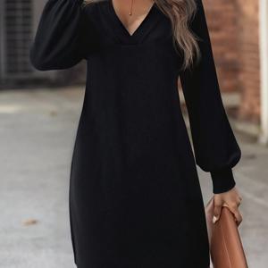 TEMU 여성용 우아한 블랙 V넥 랜턴 슬리브 드레스, 퍼프 슬리브 & A라인 실루엣 - 긴팔 겨울 파티 드레스, 루즈핏 라운드넥 숏丈