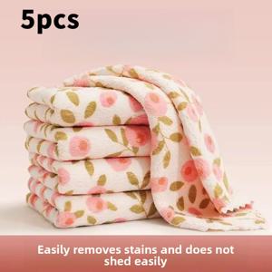 TEMU 코랄 청소 천 5개 세트, 고흡수성 타월, 빠른 건조, 다용도 물티슈, 주방 욕실 차량용, 플로럴 스퀘어 팜하우스 스타일, 보풀 없는 부드러운 감사절 청소 세트