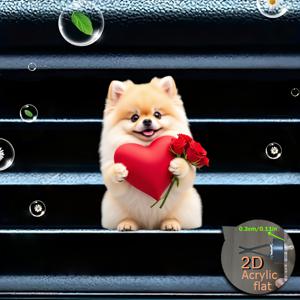 TEMU 2D 플랫, 1개 귀여운 포메라니안 강아지 에어 벤트 클립 장식 - 2D 플랫 아크릴 차량 대시보드 액세서리, 무향 디퓨저 (향기 원천 없음) & 장미를 든 사랑스러운 포메라니안 강아지 차량 내부 장식용 참, 2D 플랫