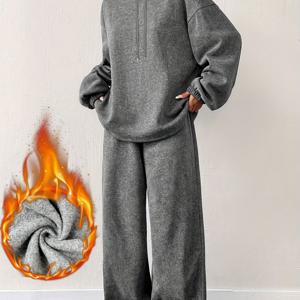 TEMU 여성용 포근한 플리스 후드티 & 조거 세트 - 드로스트링 후드 풀오버, 긴소매, 레귤러 핏, 드롭 숄더, 단색, 캐주얼 가을/겨울 의상, 캐주얼 웨어|후드 스웨트셔츠|플리스