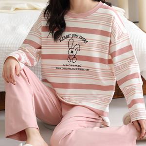 TEMU 여성용 핑크 & 화이트 토끼 프린트 파자마 세트 - 포근한 긴소매 크루넥 상의 & 와이드 레그 팬츠, 세탁기 사용 가능, 캐주얼 봄/가을 잠옷, 발랄한 동물 패턴 디자인, 편안한 라운지웨어, 부드러운 원단, 봄 가을 의류