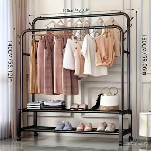TEMU 1개 모던 모바일 옷장 캐비닛 - 이동식 이중 바 구조, 헤비듀티 철제 프레임 스탠딩 의류 랙, 신발 및 액세서리 디스플레이, 홈/오피스용 - 공간 절약형 이동식 옷장 및 수납 선반, 블랙 (간편 조립 필요)