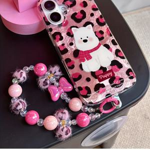 TEMU 매력적인 핑크 프린트 폼폼 리본 휴대폰 스트랩, 핸드메이드 비즈 손목 끈, 트렌디한 룩에 완벽. 가방 참 또는 자동차 키 장식으로 사용할 수 있으며, 친구, 졸업, 또는 생일 선물로 좋습니다. 휴대폰 스트랩