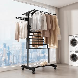 TEMU 프란다스 이동접이식 빨래건조대 특대형-4층 실내외 사용 가능한 공간 절약형 디자인，바퀴 장착，다층 접이식 금속 빨래 건조대，360° 회전，가정 및 발코니에 적합，내구성 있는 구조