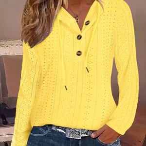 TEMU 유럽 및 미국 여성용 후드 스웨트셔츠, 버튼 드로스트링, 할로우 아웃, 단색, V넥, 긴소매, 캐주얼 스타일.