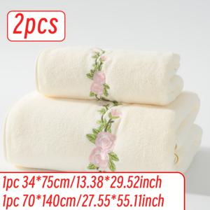 TEMU 2pcs 수건 세트, 1pc 34*75cm + 1pc 70*140cm 로즈 자수 수건 슈퍼파인 섬유 코랄 플리스 부드럽고 편안한 흡수성과 탈모가 없는 헤어 수건 및 핸드 수건, 가정용 얼굴 세척 수건 및 욕실 세트