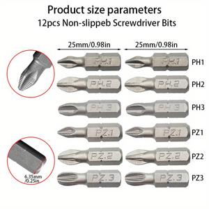TEMU 12개 미끄럼 방지 필립스 스크류 드라이버 비트 세트, 1/4인치 육각 샹크 1인치/25mm 길이, 전기 드릴러용 자석 헤드 포함, 드릴 임팩트 드라이버 도구 액세서리 (PH1, PH2, PH3, PZ1, PZ2, PZ3)