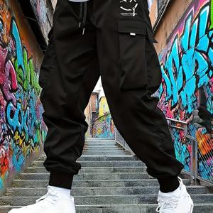 TEMU 남성용 캐주얼 단색 드로스트링 카고 바지 1개 | 루즈핏, 멀티 포켓 디자인, 봄/가을에 적합, 신축성 없는 원단, 기하학적 패턴, 열전사 프린팅