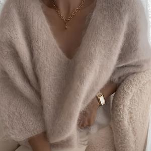 TEMU 여성용 우아한 V넥 반팔 스웨터 - 오버사이즈 루즈핏 가을 겨울 코지 블라우스, 부드러운 미디엄 스트레치 풀오버 스웨터, 캐주얼 & 캐주얼 아웃핏 (중국어 이름: 니안니안)