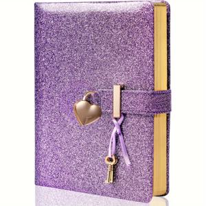 TEMU 잉크가 빛나는 보라색 글리터 인조 가죽 저널, 자물쇠와 열쇠, 하트 참 & 리본, 5.3 x 7인치 - 여성용 안전 여행 노트북